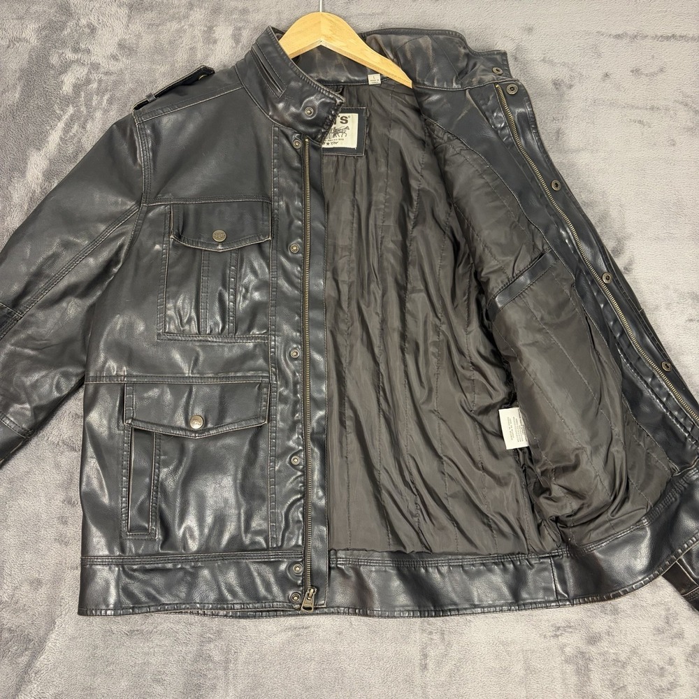 Levis Jacket Mens L Brown Faux Leather Trucker Coat Full Zip Snap Outdoor Work - Picture 5 of 12